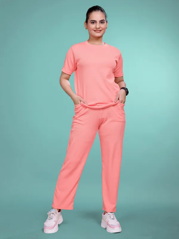 Peach_Printed_Elastane_T-Shirt_&_Pyjamas_Set_For_Women_|_Regular_Round_Neck_Short_Sleeve