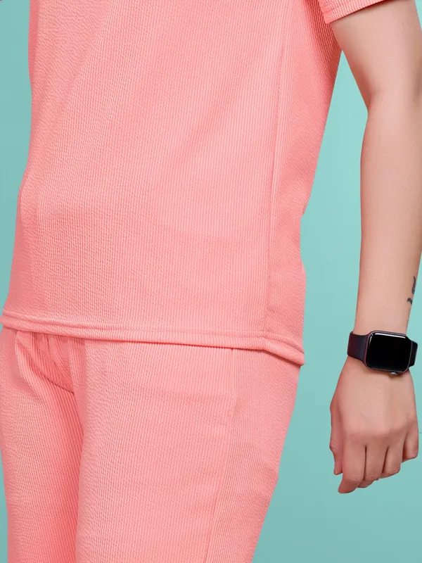 Peach_Printed_Elastane_T-Shirt_&_Pyjamas_Set_For_Women_|_Regular_Round_Neck_Short_Sleeve