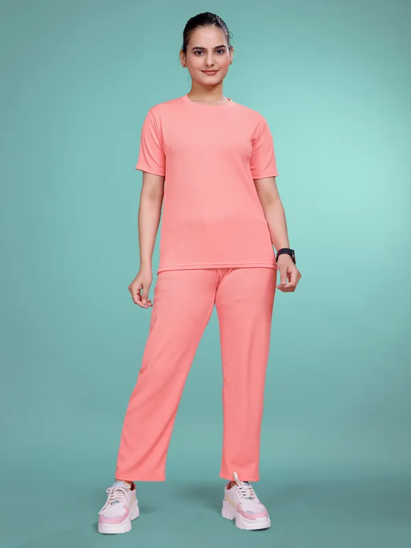 Peach_Printed_Elastane_T-Shirt_&_Pyjamas_Set_For_Women_|_Regular_Round_Neck_Short_Sleeve
