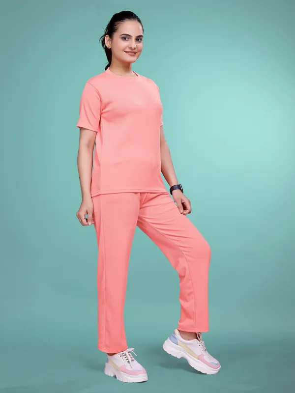 Peach_Printed_Elastane_T-Shirt_&_Pyjamas_Set_For_Women_|_Regular_Round_Neck_Short_Sleeve