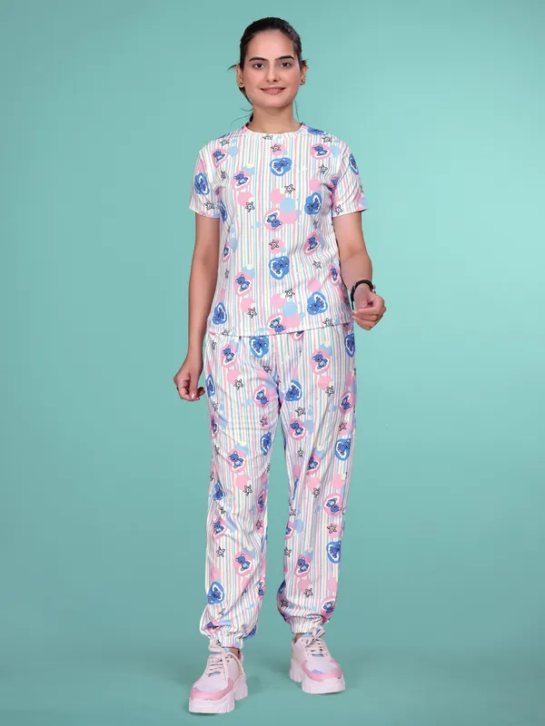 Blue_Printed_Valentino_Elastane_NightSuit_Set_For_Women_|_Regular_Round_Neck_Short_Sleeve