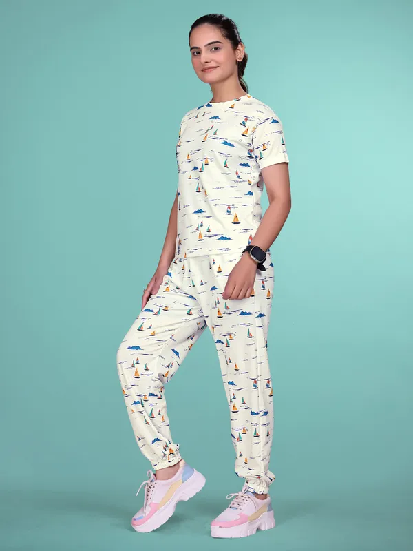 White_Printed_Valentino_Elastane_NightSuit_Set_For_Women_|_Regular_Round_Neck_Short_Sleeve