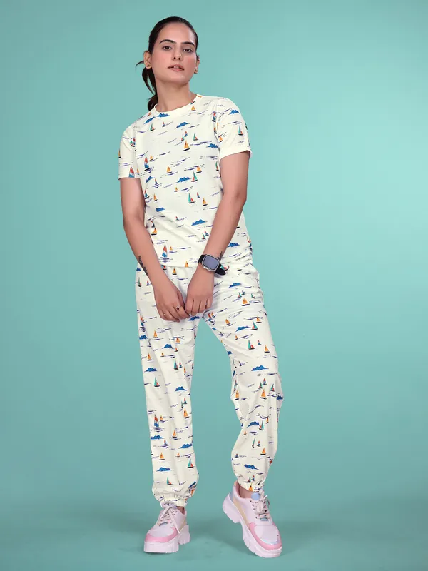 White_Printed_Valentino_Elastane_NightSuit_Set_For_Women_|_Regular_Round_Neck_Short_Sleeve