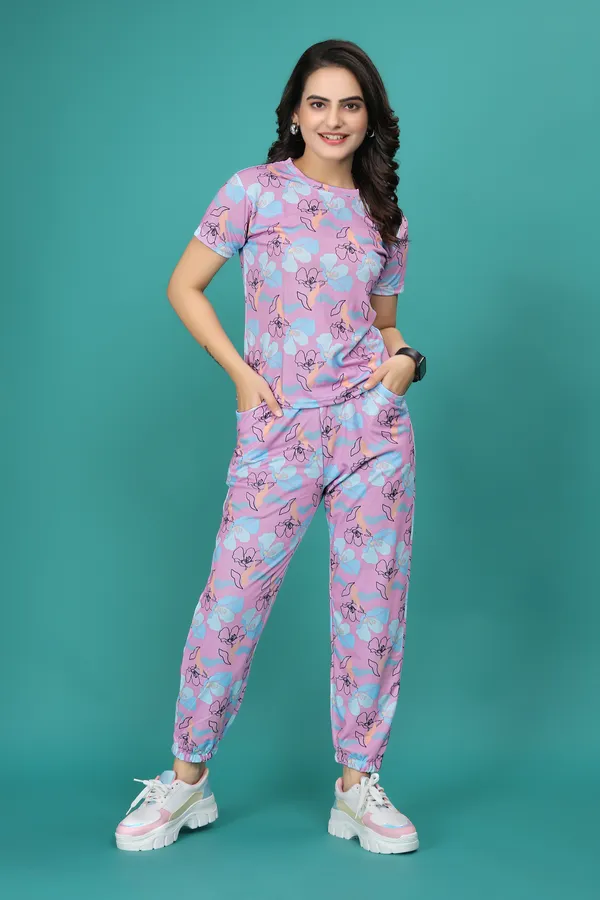 Multi_Colour_Valentino_Elastane_T-Shirt_&_Pyjamas_Set_For_Women_|_Regular_Round_Neck_Short_Sleeve