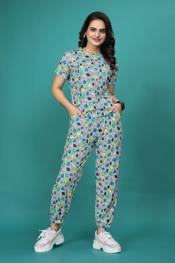 Multi_Colour_Valentino_Elastane_T-Shirt_&_Pyjamas_Set_For_Women_|_Regular_Round_Neck_Short_Sleeve