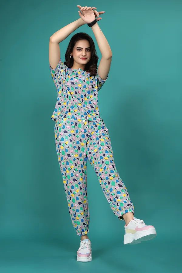 Multi_Colour_Valentino_Elastane_T-Shirt_&_Pyjamas_Set_For_Women_|_Regular_Round_Neck_Short_Sleeve