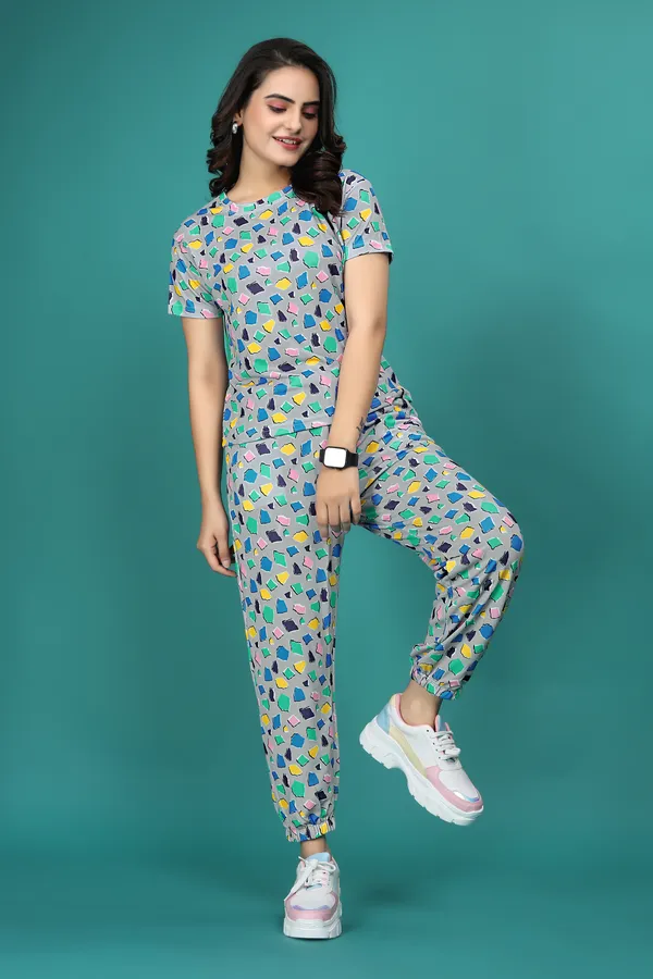 Multi_Colour_Valentino_Elastane_T-Shirt_&_Pyjamas_Set_For_Women_|_Regular_Round_Neck_Short_Sleeve