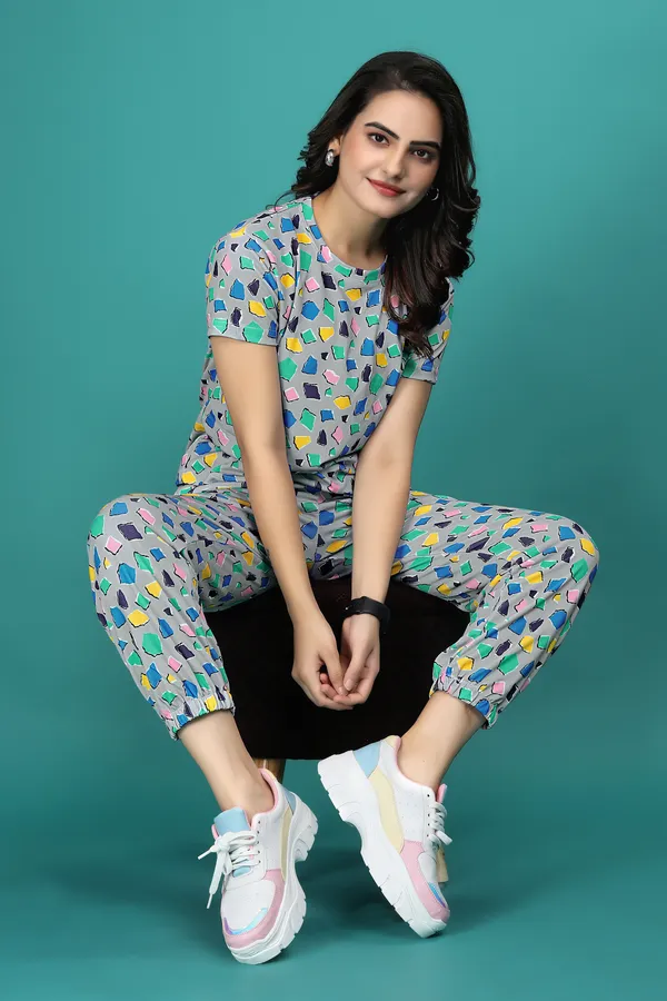 Multi_Colour_Valentino_Elastane_T-Shirt_&_Pyjamas_Set_For_Women_|_Regular_Round_Neck_Short_Sleeve