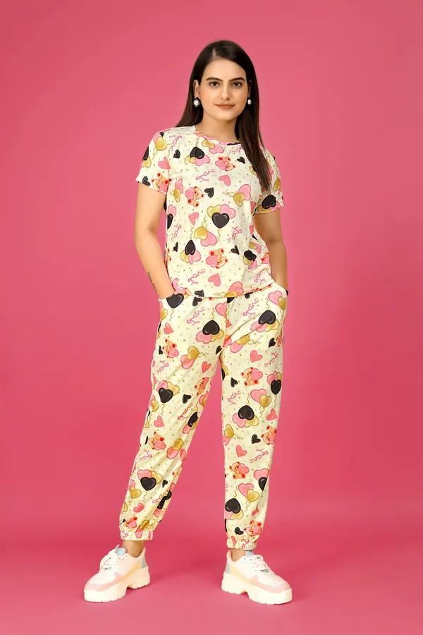 Multi_Colour_Valentino_Elastane_T-Shirt_&_Pyjamas_Set_For_Women_|_Regular_Round_Neck_Short_Sleeve
