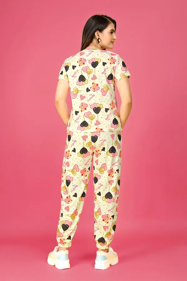 Multi_Colour_Valentino_Elastane_T-Shirt_&_Pyjamas_Set_For_Women_|_Regular_Round_Neck_Short_Sleeve