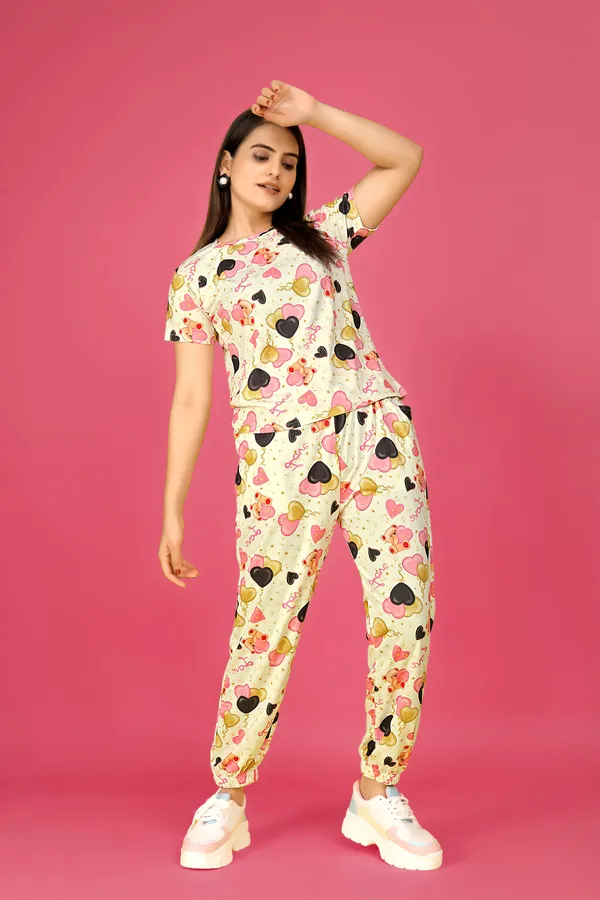 Multi_Colour_Valentino_Elastane_T-Shirt_&_Pyjamas_Set_For_Women_|_Regular_Round_Neck_Short_Sleeve