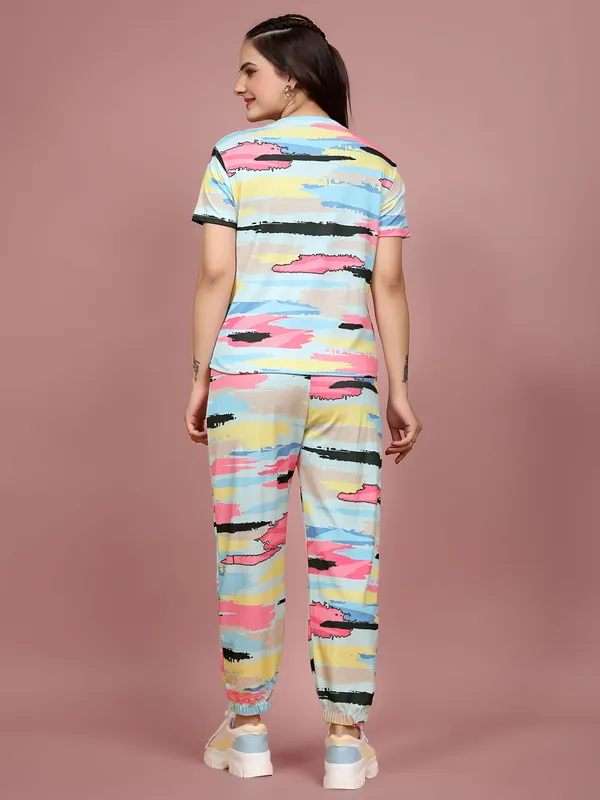 Blue_Printed_Elastane_T-Shirt_&_Pyjamas_Set_For_Women_|_Regular_Round_Neck_Short_Sleeve