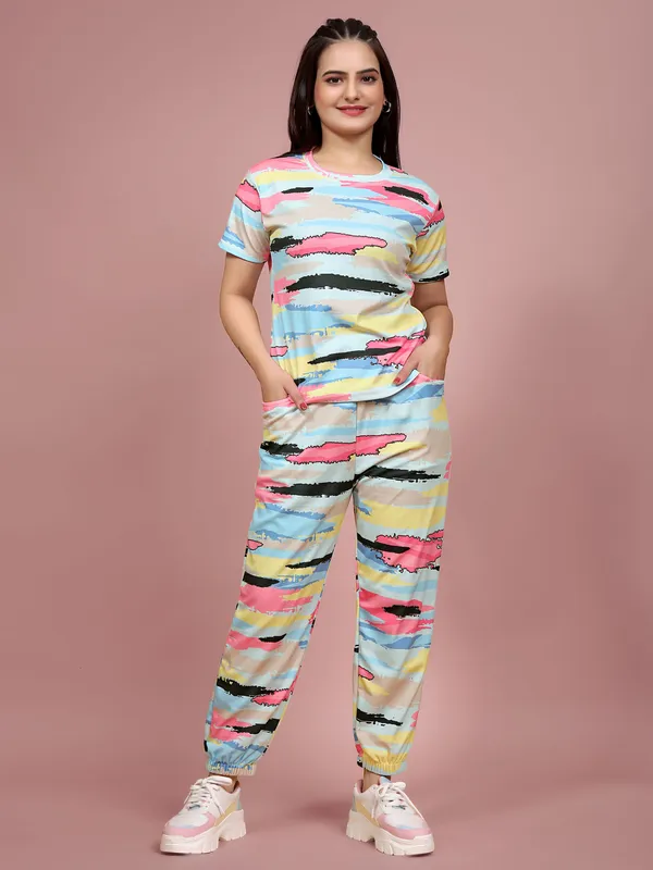 Blue_Printed_Elastane_T-Shirt_&_Pyjamas_Set_For_Women_|_Regular_Round_Neck_Short_Sleeve