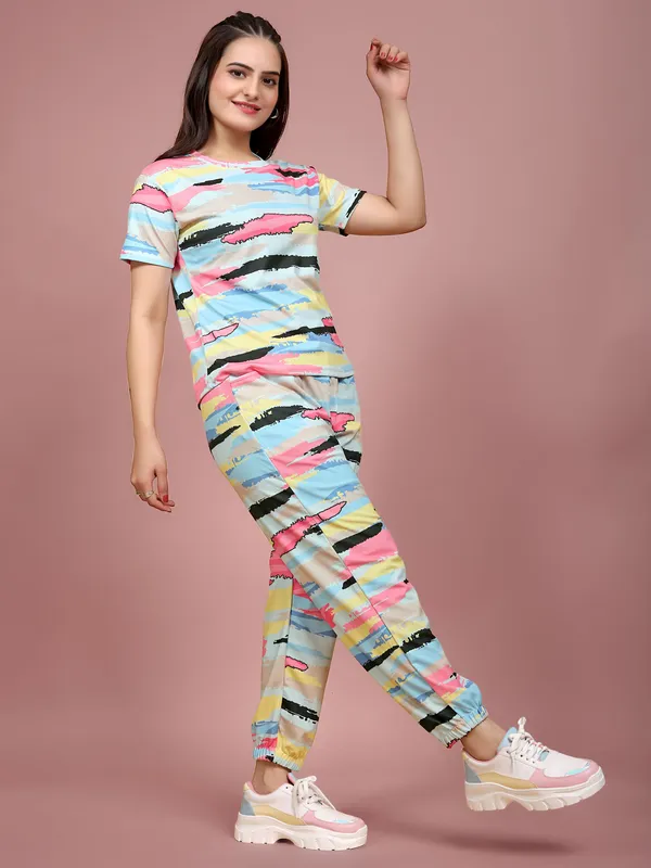 Blue_Printed_Elastane_T-Shirt_&_Pyjamas_Set_For_Women_|_Regular_Round_Neck_Short_Sleeve
