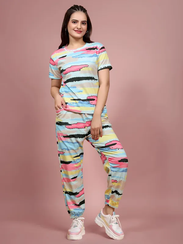 Blue_Printed_Elastane_T-Shirt_&_Pyjamas_Set_For_Women_|_Regular_Round_Neck_Short_Sleeve