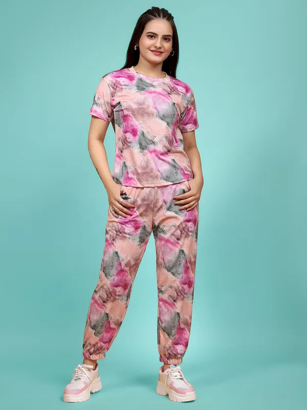 Pink_Printed_T-Shirt_&_Pyjamas_Set_For_Women_|_Regular_Round_Neck_Short_Sleeve