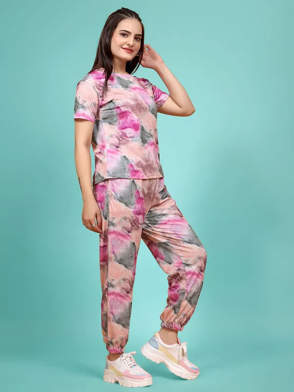 Pink_Printed_T-Shirt_&_Pyjamas_Set_For_Women_|_Regular_Round_Neck_Short_Sleeve