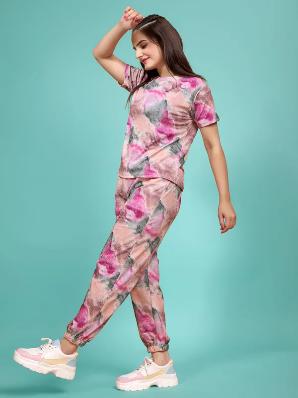 Pink_Printed_T-Shirt_&_Pyjamas_Set_For_Women_|_Regular_Round_Neck_Short_Sleeve