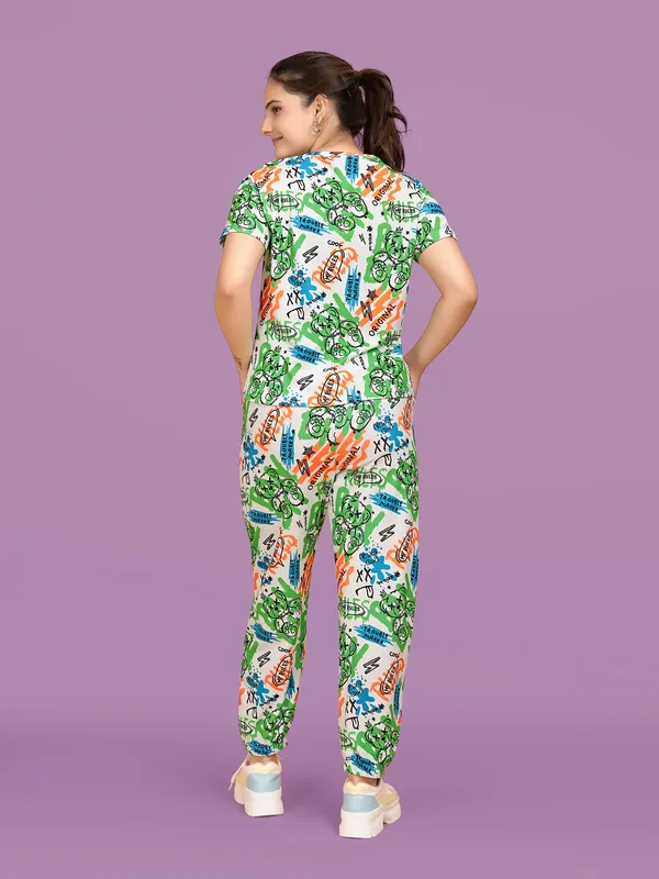 Multi_Colour_Valentino_Elastane_T-Shirt_&_Pyjamas_Set_For_Women_|_Regular_Round_Neck_Short_Sleeve