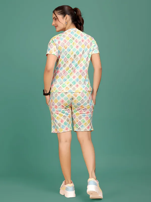 White_Printed_Elastane_Co-ord_Set_For_Women_|_Regular_Round_Neck_Short_Sleeve