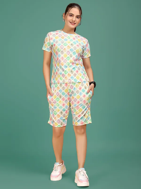 White_Printed_Elastane_Co-ord_Set_For_Women_|_Regular_Round_Neck_Short_Sleeve