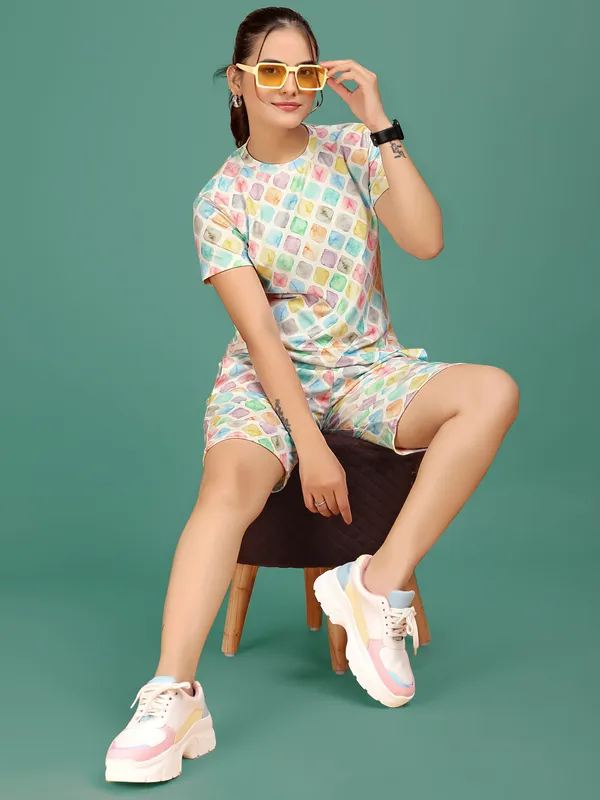 White_Printed_Elastane_Co-ord_Set_For_Women_|_Regular_Round_Neck_Short_Sleeve