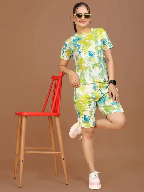 White_Printed_Elastane_Co-ord_Set_For_Women_|_Regular_Round_Neck_Short_Sleeve