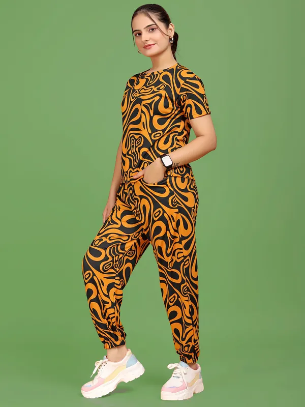 Black_&_Dark_Yellow_Elastane_T-Shirt_&_Pyjamas_Set_For_Women_|_Regular_Round_Neck_Short_Sleeve_|_Printed