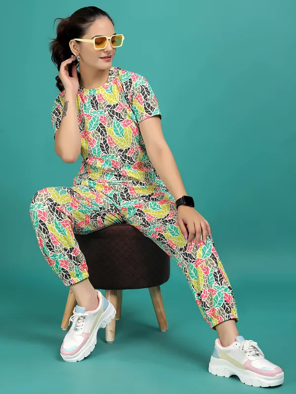 Multi_Colour_Valentino_Elastane_T-Shirt_&_Pyjamas_Set_For_Women_|_Regular_Round_Neck_Short_Sleeve