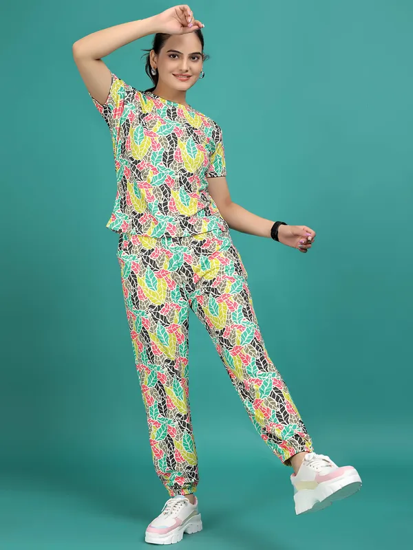 Multi_Colour_Valentino_Elastane_T-Shirt_&_Pyjamas_Set_For_Women_|_Regular_Round_Neck_Short_Sleeve