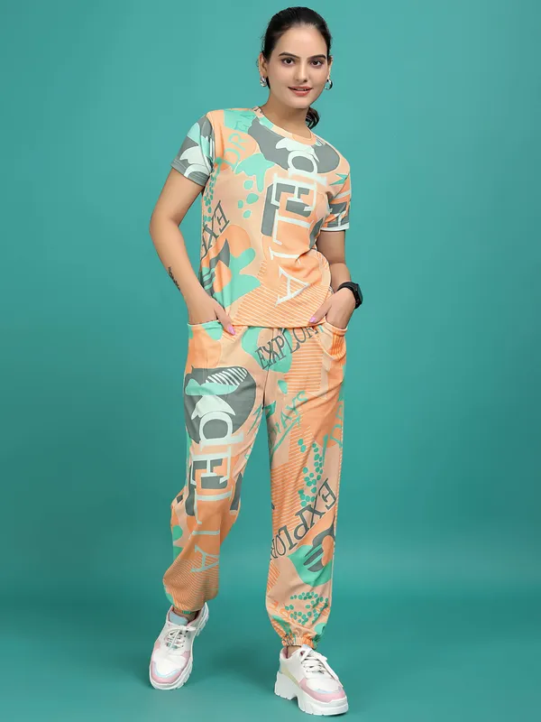 Orange_Printed_Elastane_T-Shirt_&_Pyjamas_Set_For_Women_|_Regular_Round_Neck_Short_Sleeve