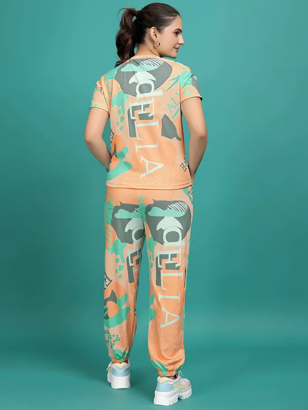 Orange_Printed_Elastane_T-Shirt_&_Pyjamas_Set_For_Women_|_Regular_Round_Neck_Short_Sleeve