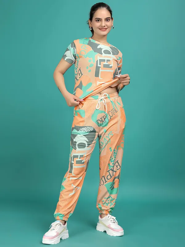 Orange_Printed_Elastane_T-Shirt_&_Pyjamas_Set_For_Women_|_Regular_Round_Neck_Short_Sleeve