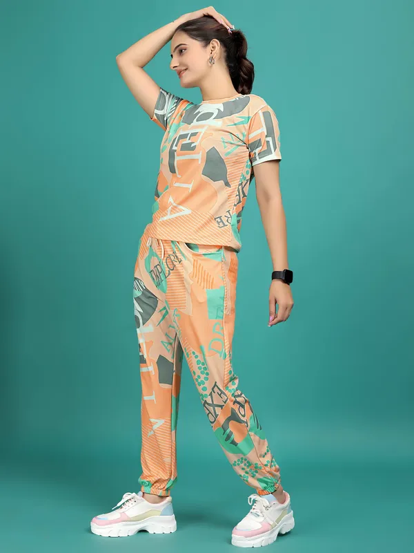 Orange_Printed_Elastane_T-Shirt_&_Pyjamas_Set_For_Women_|_Regular_Round_Neck_Short_Sleeve