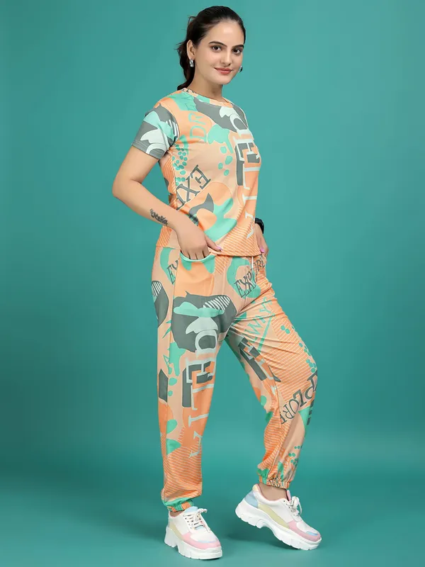 Orange_Printed_Elastane_T-Shirt_&_Pyjamas_Set_For_Women_|_Regular_Round_Neck_Short_Sleeve