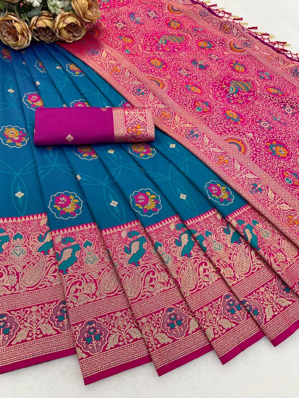 Traditional_Teal_Blue_Silk_Saree_With_Pink_Zari_Border_And_Floral_Motifs