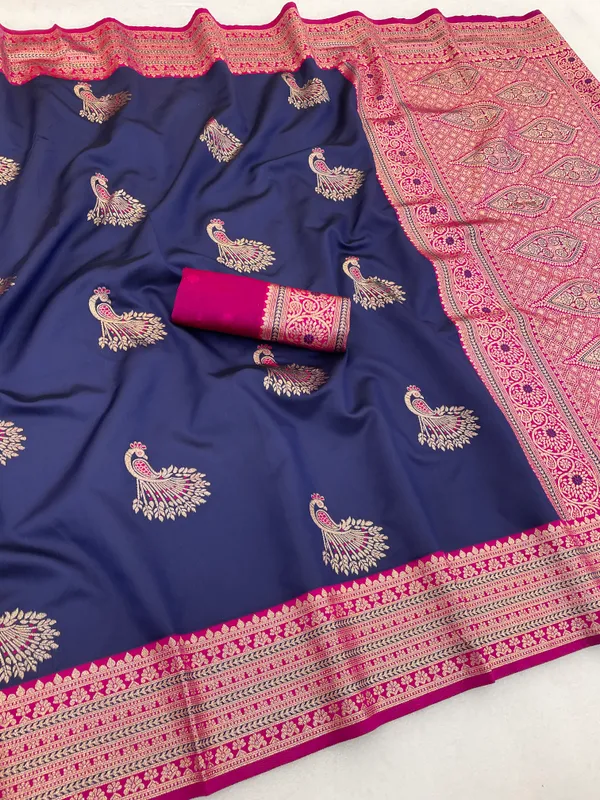 Navy_Blue_Banarasi_Silk_Saree_With_Peacock_Motifs_And_Pink_Border
