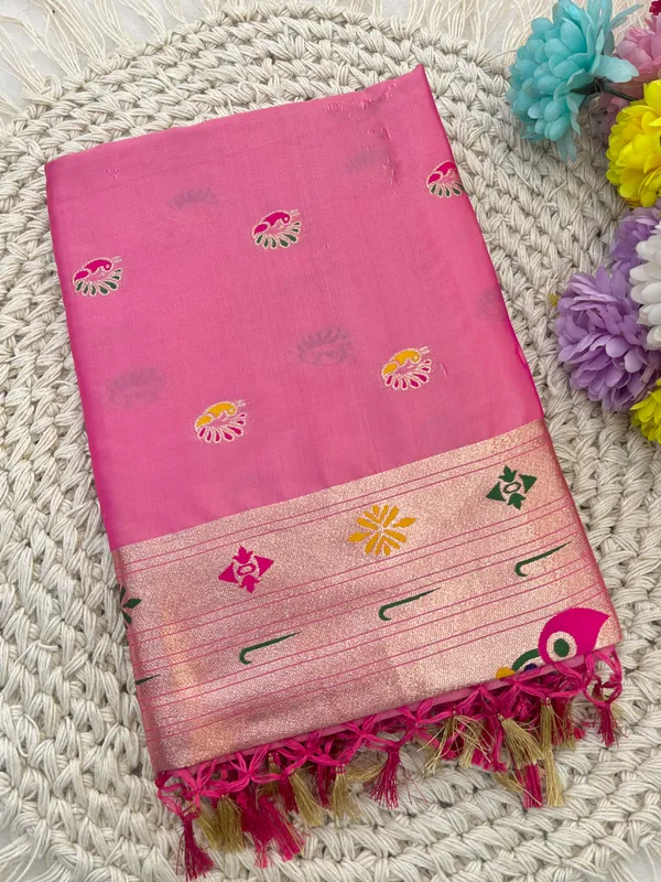 Pink_Paithani_Silk_Saree_With_Golden_Zari_Border_And_Peacock_Pallu