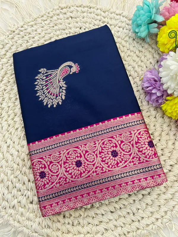 Navy_Blue_Banarasi_Silk_Saree_With_Peacock_Motifs_And_Pink_Border