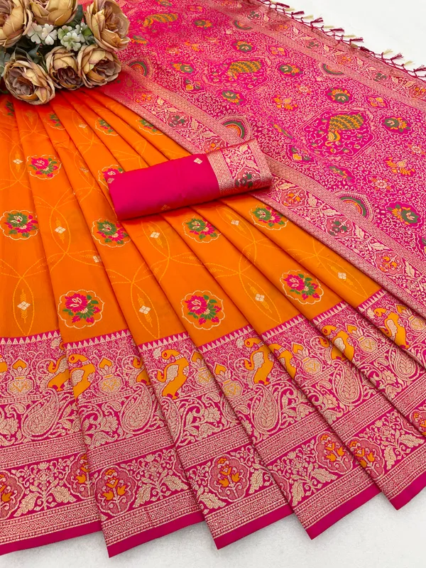 Orange_And_Pink_Banarasi_Silk_Saree_With_Traditional_Weaving