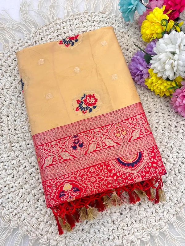 Elegant_Beige_And_Red_Banarasi_Silk_Saree_With_Rich_Zari_Work