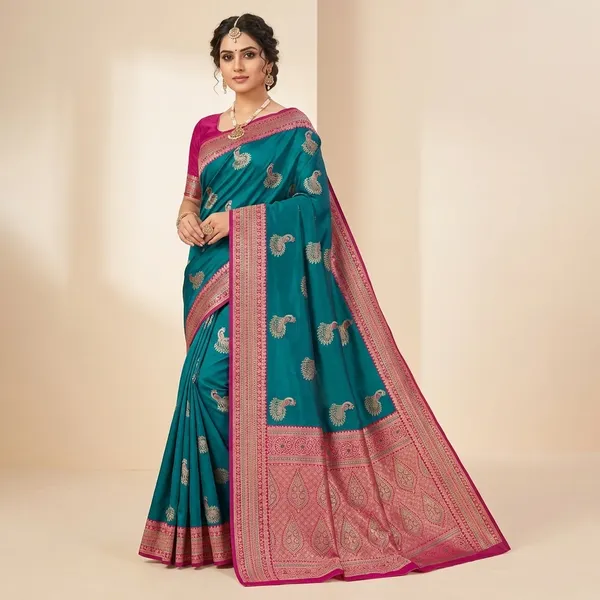 Teal_Green_Banarasi_Silk_Saree_With_Pink_Zari_Border_And_Peacock_Motifs