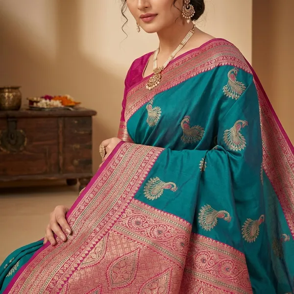Teal_Green_Banarasi_Silk_Saree_With_Pink_Zari_Border_And_Peacock_Motifs