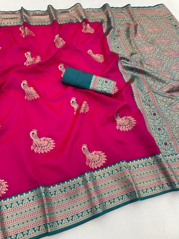 Pink_Silk_Saree_With_Golden_Peacock_Motifs_And_Teal_Border