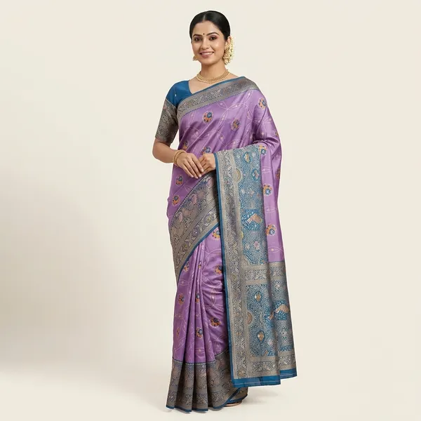 Purple_Banarasi_Silk_Saree_With_Floral_And_Blue_Border