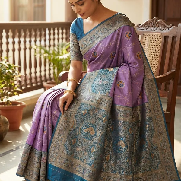 Purple_Banarasi_Silk_Saree_With_Floral_And_Blue_Border