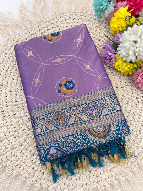 Purple_Banarasi_Silk_Saree_With_Floral_And_Blue_Border