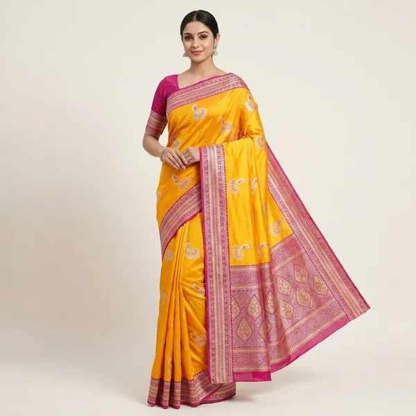 Yellow_Banarasi_Silk_Saree_With_Pink_Contrast_Border_And_Peacock_Motifs