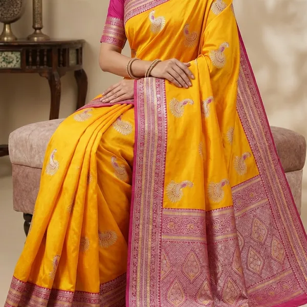 Yellow_Banarasi_Silk_Saree_With_Pink_Contrast_Border_And_Peacock_Motifs