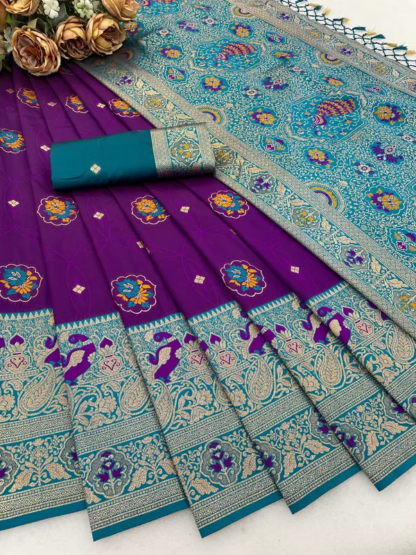 Purple_Banarasi_Silk_Saree_With_Blue_Woven_Border